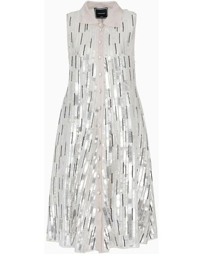 Emporio Armani Midi Dress In Silk Organza With A Blend Of All-over Hand-embroidered Sequins - White