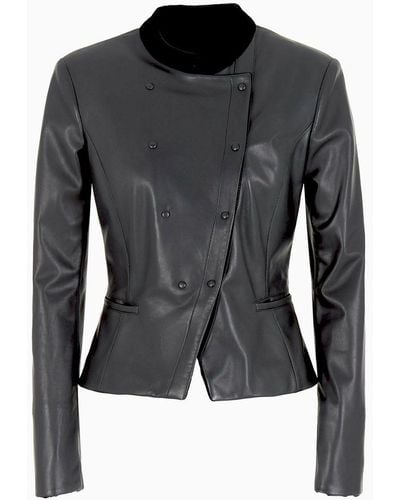 Emporio Armani Glove-quality Lambskin Nappa Leather Guru-collar Jacket With Diagonal Closure - Black