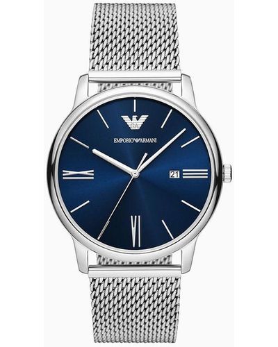 Emporio Armani Uhr Mit Drei Zeigern Und Schwarzem Mesharmband - Blau