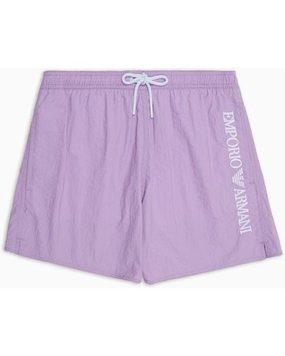 Emporio Armani Crinkle Swim Shorts With Logo Embroidery On The Side - Purple