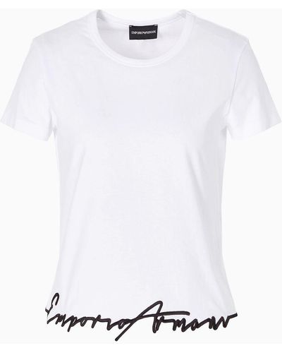 Emporio Armani T-shirt In Jersey Organico Con Fondo Sagomato Ricamato Asv - Bianco