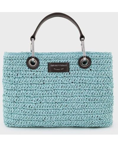 Emporio Armani Small Myea Shopper Bag In Matelassé Straw - Blue