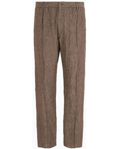 Emporio Armani Crêpe-effect Faded Linen Pants With Ribbing - Brown