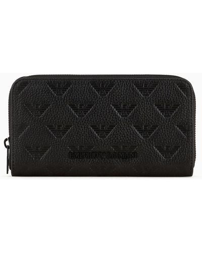 Emporio Armani Zip-around Leather Wallet With All-over Embossed Eagle - Black