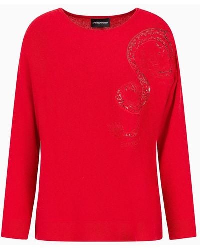Emporio Armani Virgin-wool And Cashmere Jumper With Dragon Embroidery - Red