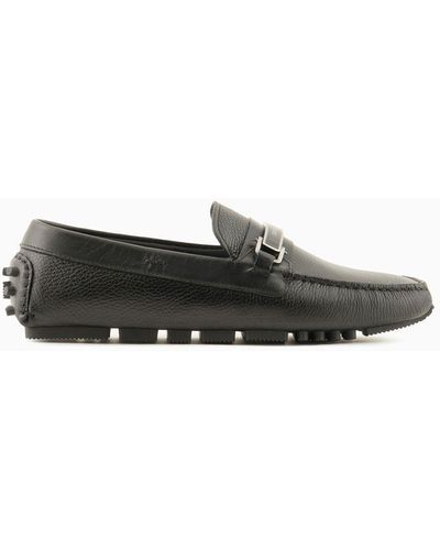 Emporio Armani Pebbled Leather Driving Loafers With Stirrup Bar - White