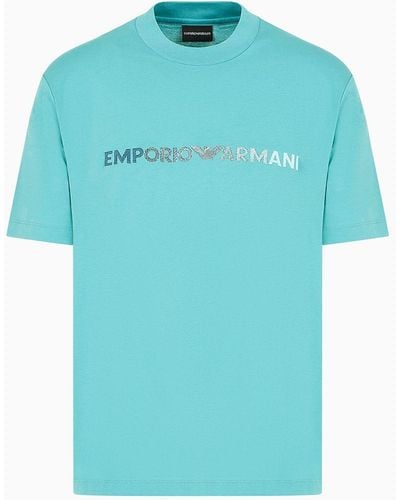 Emporio Armani T-shirt Aus Pima-jersey Mit Logo-stickerei - Blau