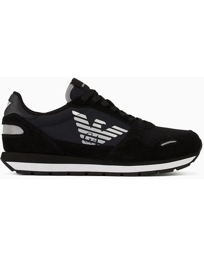 Emporio Armani Mesh Trainers With Suede Details And Oversized Eagle, 100% Bovine Leather 0% Polyamide, Black, Size: 35