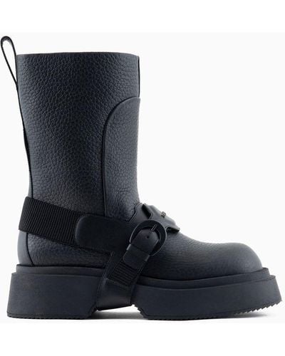 Emporio Armani Tumbled Leather Ankle Boots With Straps - Blue