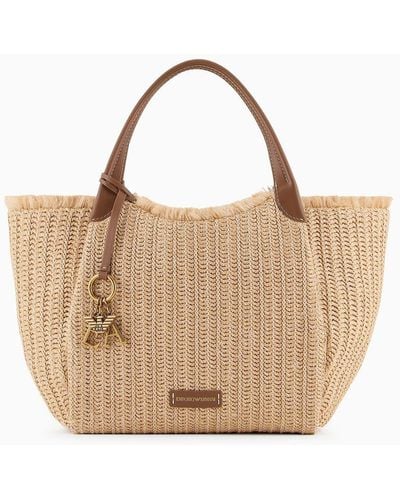 Emporio Armani Woven Straw Shopper Bag With Logo Charm - Natural