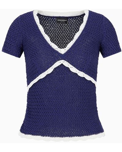 Emporio Armani Short-sleeved, Cross-stitch V-neck Jumper - Blue