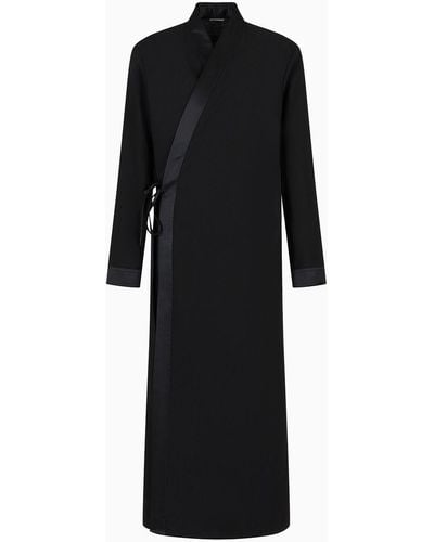 Emporio Armani Crisp-feel Tropical Virgin Light Wool Overcoat With Robe Fastening - Black