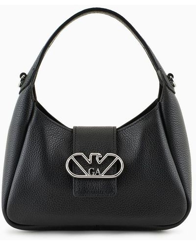 Emporio Armani Leather Hobo Handbag With Eagle Buckle - Black