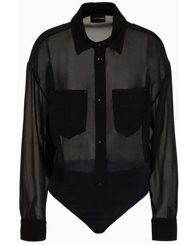 Emporio Armani Camisa Tipo Bodi De Georgette Transparente Con Detalles Denim - Negro