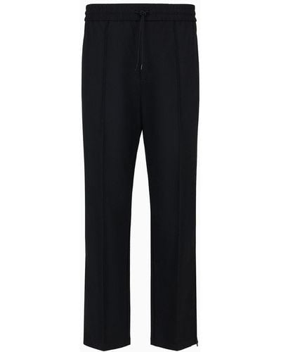 Emporio Armani Wool-blend Drawstring Trousers With Veining - Black