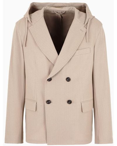 Emporio Armani Double-breasted Jacket With Hood In Jacquard Jersey - Natural