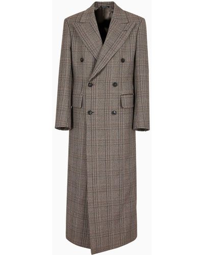 Emporio Armani Double-breasted Long Coat In A Virgin Wool Prince Of Wales Check - Multicolour