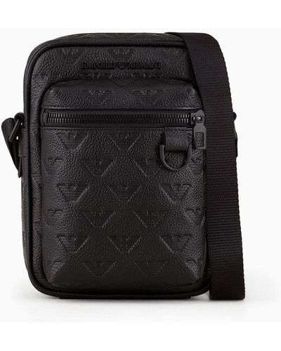 Emporio Armani Leather Crossbody Bag With All-over Embossed Eagle - Black