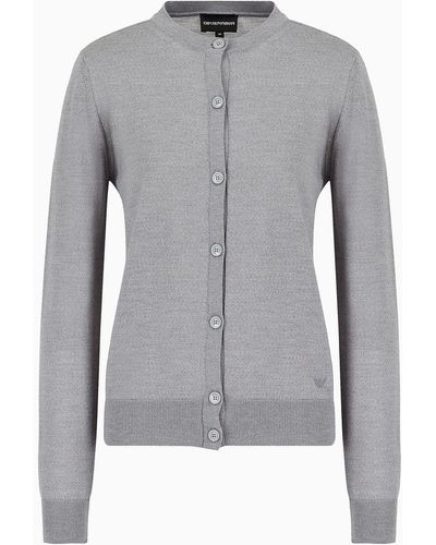 Emporio Armani Cardigan In Plain-knit, Pure Virgin Wool - Gray