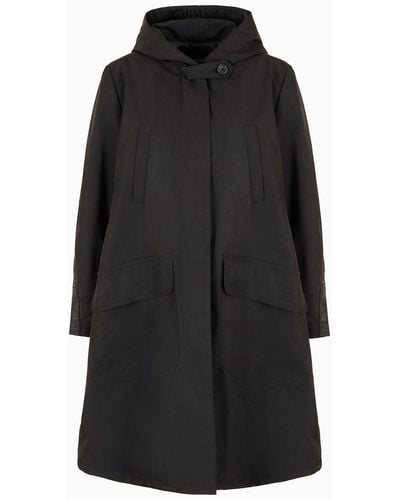 Emporio Armani Padded, Hooded Pea Coat In Water-repellent Technical Gabardine - Black