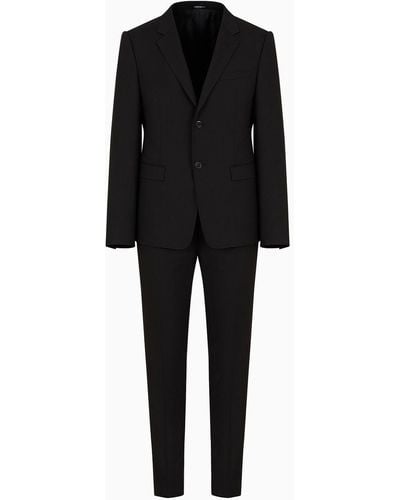 Emporio Armani Single-breasted Slim-fit Suit With Notched Lapels In Micro-patterned Stretch Wool Crêpe - Black