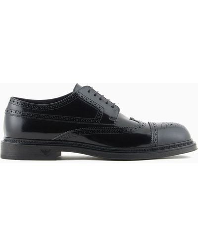 Emporio Armani Brushed Leather Derby Shoes With Wingtip Perforations - Black