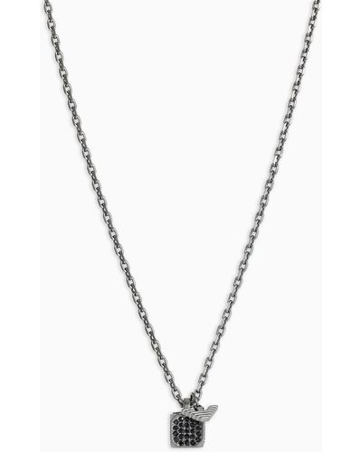 Emporio Armani Gunmetal Stainless Steel Setted With Black Crystals Pendant Necklace - Metallic