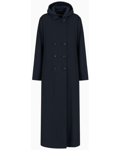 Emporio Armani Long Double-breasted Trench Coat In Water-repellent Technical Cotton With Matelassé Back - Blue