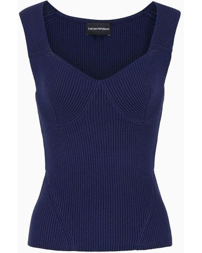 Emporio Armani Corn-on-the-cob Stitch Knit Top With Contoured Neckline - Blue