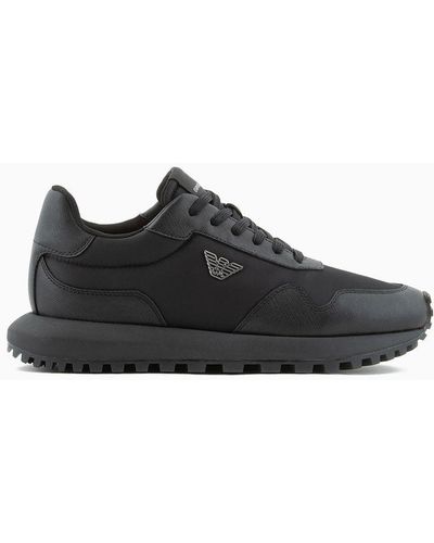 Emporio Armani Sneakers En Nylon Recyclé Avec Détails En Saffiano Régénéré Ari Sustainability Values - Noir