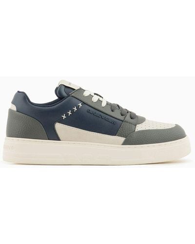 Emporio Armani Asv Regenerated-leather Trainers With Stitching Details - Blue