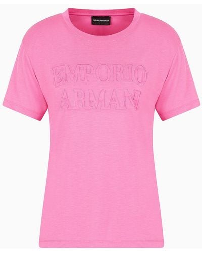 Emporio Armani Asv Washed Lyocell T-shirt With Devoré-effect Logo - Pink
