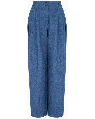 Emporio Armani Icon Ovel-leg Trousers With Pleats In Washed Linen - Blue