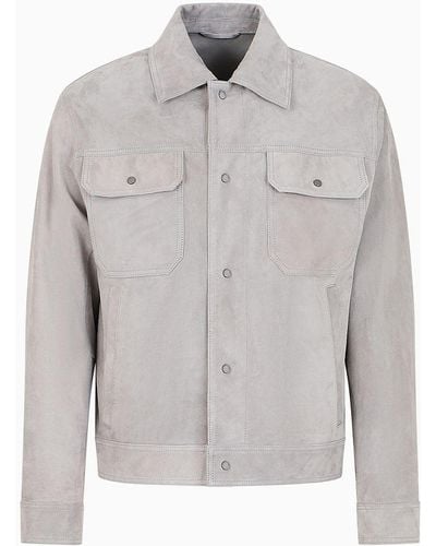 Emporio Armani Veste Chemise En Cuir Suédé De Chèvre Avec Poches Devant - Gris