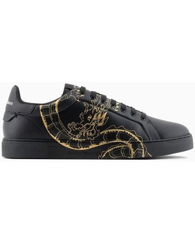 Emporio Armani Dragon-print Leather Sneakers - Black
