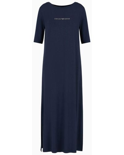 Emporio Armani Stretch-viscose Long Beachwear Dress With Micro-studded Logo - Blue