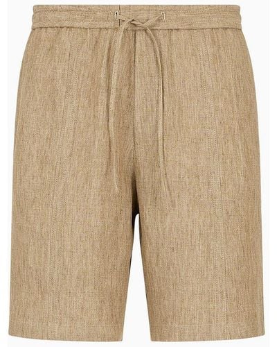 Emporio Armani Bermuda Shorts In Faded Linen With A Crêpe Texture, With Drawstring - Natural