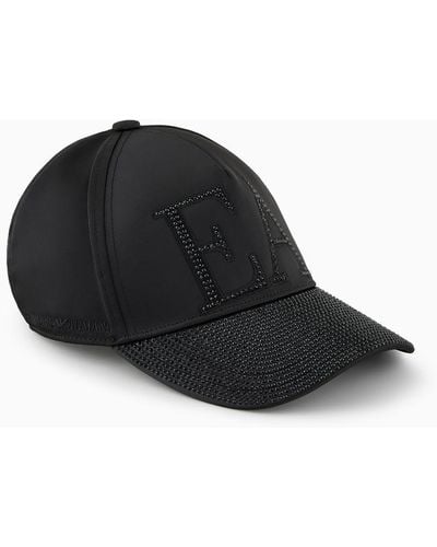 Emporio Armani Nylon Baseball Cap With Rhinestone Logo - Black