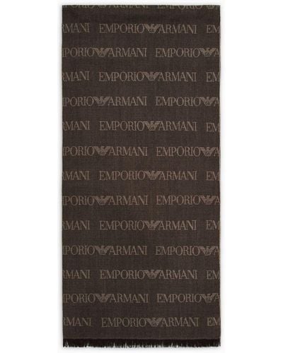 Emporio Armani Virgin-wool Blend Scarf With Jacquard Logo Lettering And Fringes - Brown