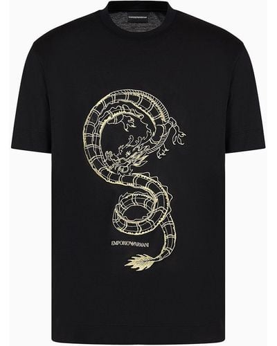 Emporio Armani Armani Sustainability Values Lyocell-blend Jersey T-shirt With Dragon Embroidery - Black