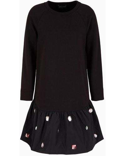 Emporio Armani French Terry Jersey-fleece Dress With A Taffeta Frill And Cabochon Gemstones - Black