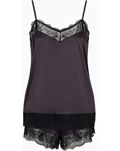 Emporio Armani Eternal Lace Satin Pyjama Top And Shorts With Lace Details - Purple