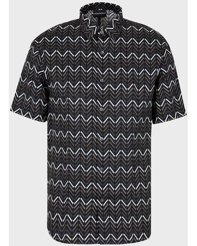 Emporio Armani Lyocell Short-sleeved Shirt With All-over Pattern - Black