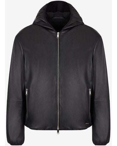 Armani Exchange Hooded Nappa Leather Jacket - Black
