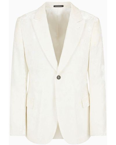 Emporio Armani Velvet Single-breasted Jacket With All-over, Embroidery-style Floral Motif - White
