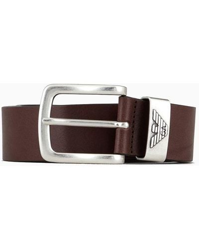Emporio Armani Leather Belt With Logo Buckle - White