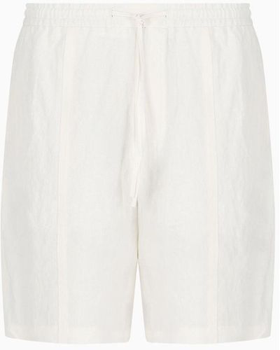 Emporio Armani Faded Linen With A Crêpe Texture Drawstring Board Shorts With Drawstring - White
