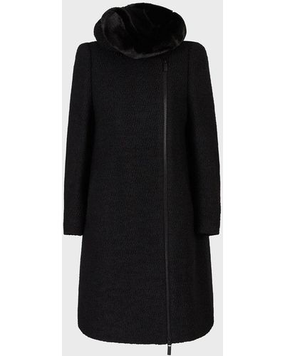 Emporio Armani Wool-blend Bouclé Coat With Faux-fur Collar - Black