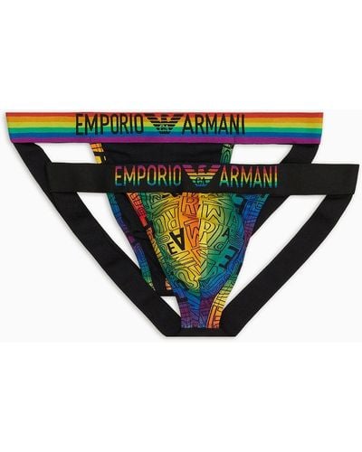 Emporio Armani Lot Composé De 2 jock-strap À Imprimé Et Logo Arc-en-ciel - Bleu