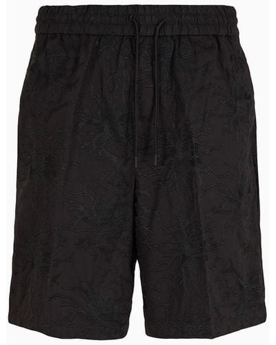 Emporio Armani Poplin Drawstring Bermuda Shorts With All-over Ramage Embroidery - Black